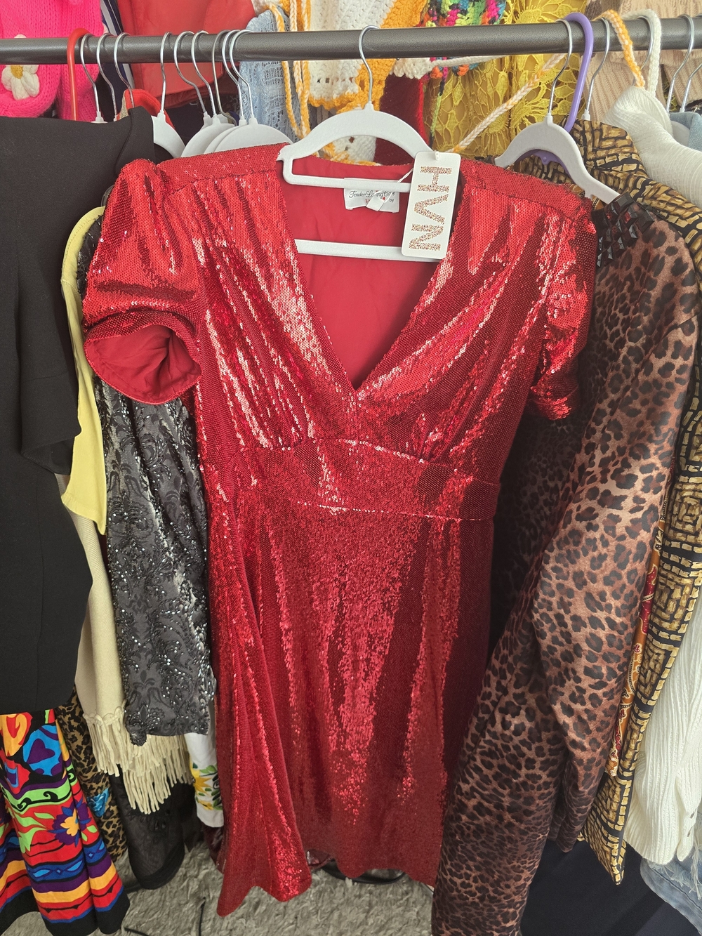 HVN Red Sequin V-Neck Mini Dress